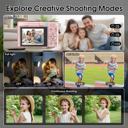 Geryst 4K 64MP Shoot Digital Camera for Kids, Teens, Beginners, Autofocus Point-and-Shoot Camera with 2.4" 180° Flip Screen, 16X Digital Zoom, Anti-Shake, Usb-c, Selfie Vlogging Camera for Travel,Gifts,Pink