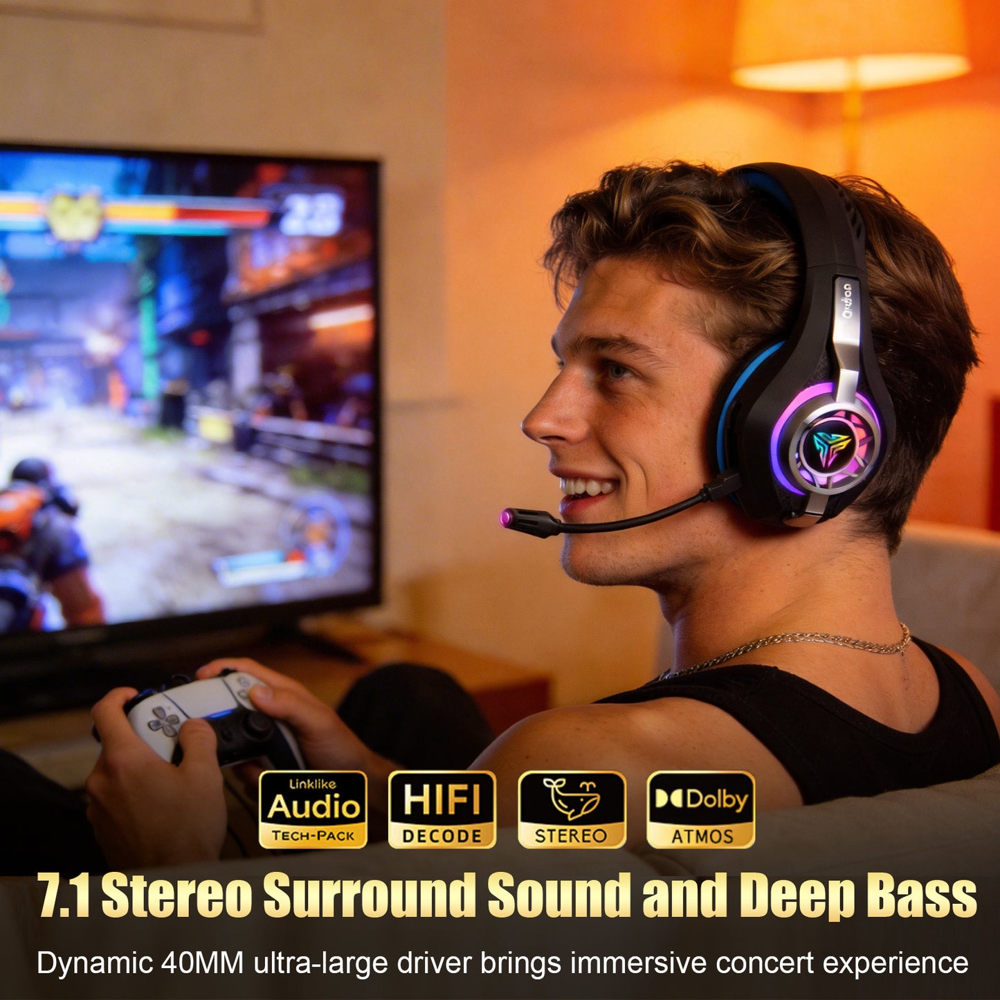 Geryst 2.4GHz Wireless Gaming Headset for PS4/PS5/Xbox/Switch/PC, Bluetooth Over Ear Headphones with ENC Noise Cancelling Mic,7.1 Stereo Surround Sound, 40mm Drivers, RGB Light, 45H Battery Gaming Headphone