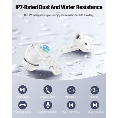 Btootos Wireless Earbuds, Bluetooth 5.4 Headphones Bass Stereo, Ear Buds with Noise Cancelling Mic, LED Display in Ear Earphones Clear Calls, IP7 Waterproof Bluetooth Earbuds for Phones/Sports/Laptop, White