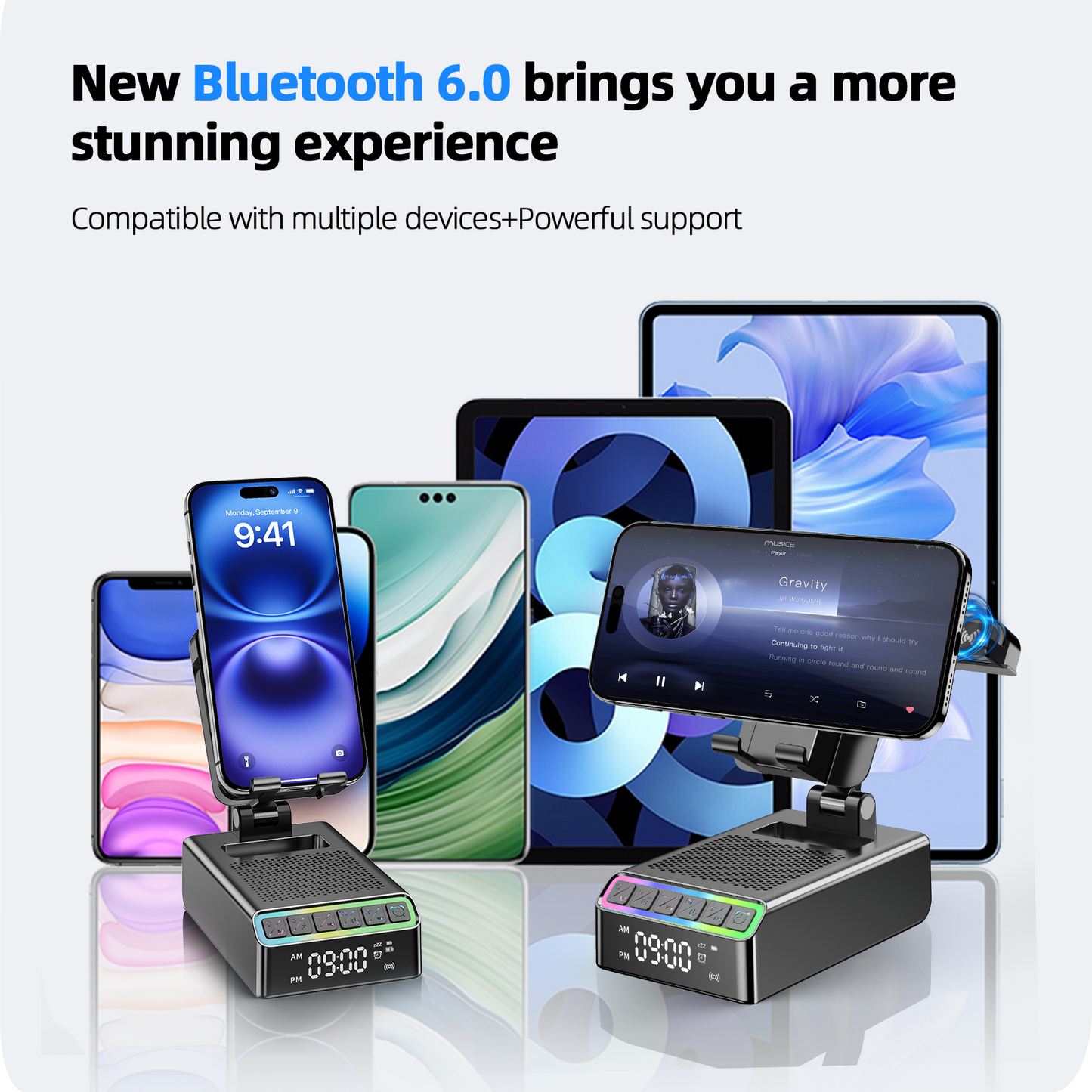 Wireless Induction Speaker/Phone Stand,9-in-1 Bluetooth 6.0 Speaker | (Landscape/Portrait)Induction,Stereo Sound,Adjustable Phone Holder,RGB/Alarm Clock,Home Office,Gifts for Men Women