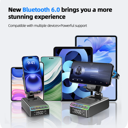 Wireless Induction Speaker/Phone Stand,9-in-1 Bluetooth 6.0 Speaker | (Landscape/Portrait)Induction,Stereo Sound,Adjustable Phone Holder,RGB/Alarm Clock,Home Office,Gifts for Men Women