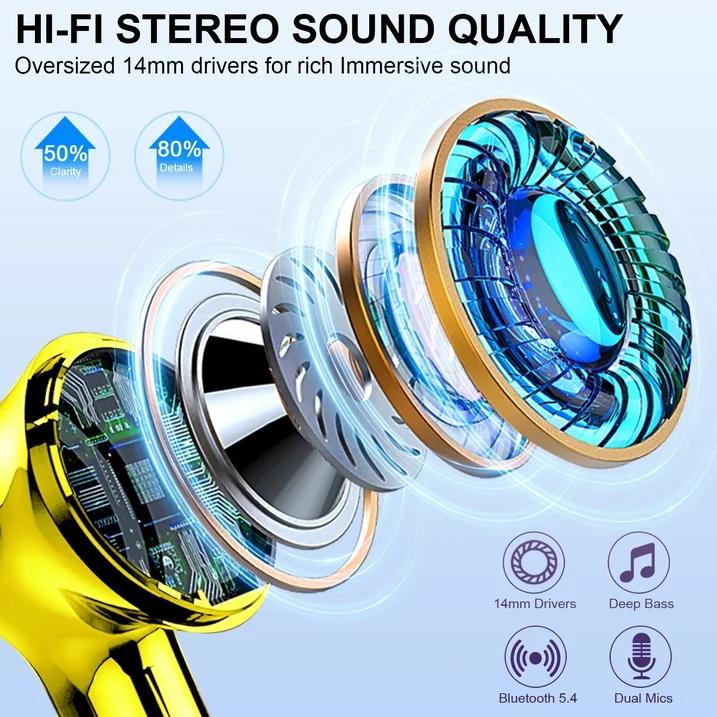Btootos Wireless Earbuds, Bluetooth 5.4 Headphones Bass Stereo, Ear Buds with Noise Cancelling Mic, LED Display in Ear Earphones Clear Calls, IP7 Waterproof Bluetooth Earbuds for Laptop/Phones/Sports, Yellow