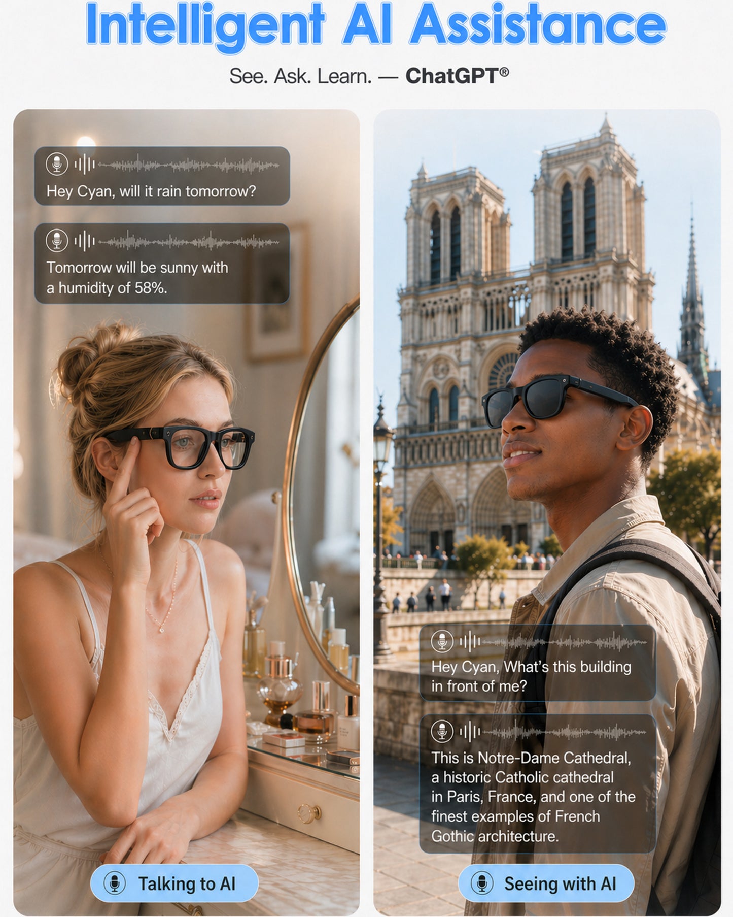 Coucur AI Smart Glasses with Camera, 8MP HD Camera & Video Recording Glasses, 139 Languages Real-Time Translation, ChatGPT Voice Assistant, Open-Ear Audio, Blue Light Blocking for Travel, Meetings &Vlog