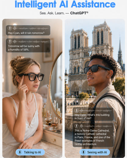 Coucur AI Smart Glasses with Camera, 8MP HD Camera & Video Recording Glasses, 139 Languages Real-Time Translation, ChatGPT Voice Assistant, Open-Ear Audio, Blue Light Blocking for Travel, Meetings &Vlog