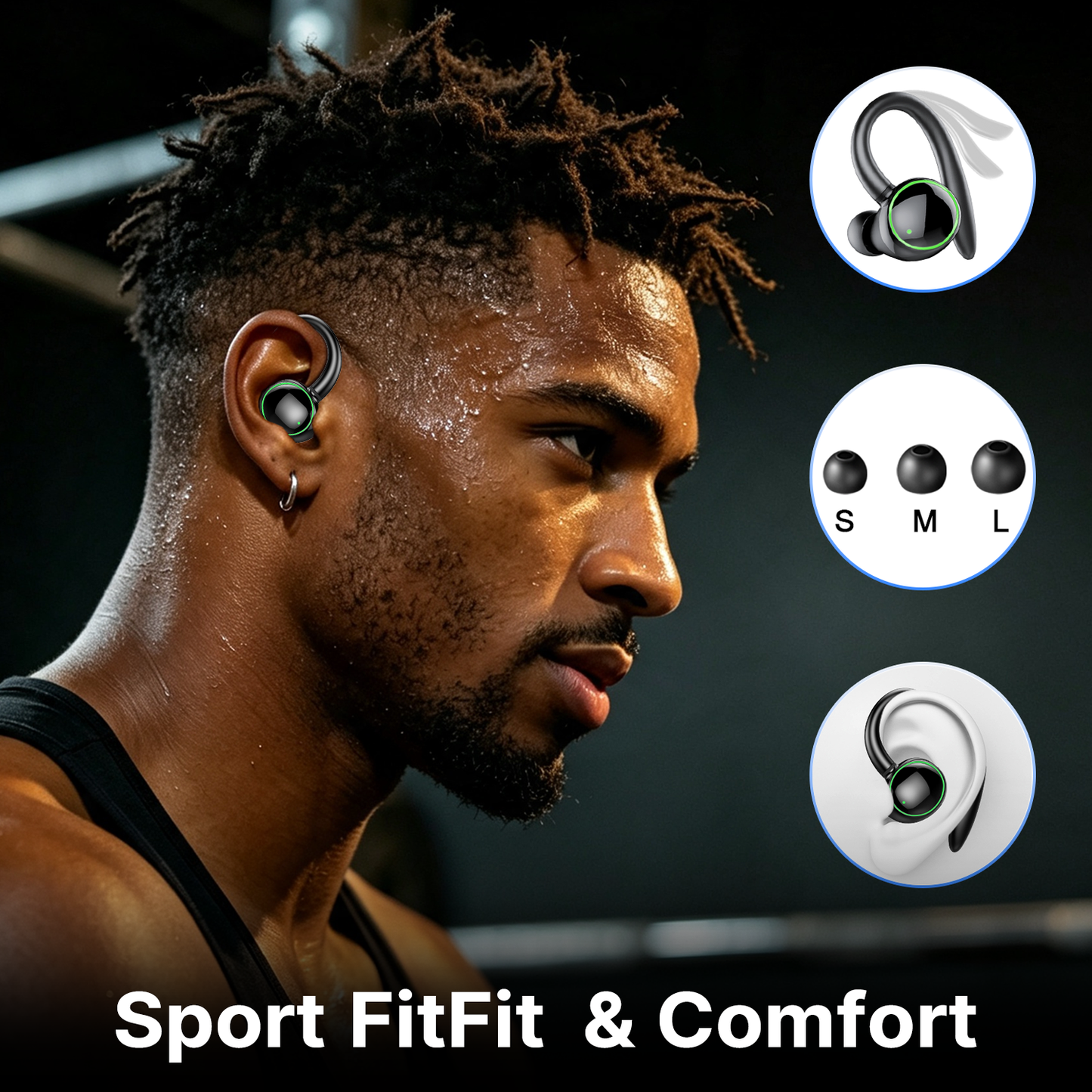 Btootos Wireless Earbuds, Bluetooth 5.4 Sports Headphones, 50H Playback Over Ear Earbuds with ENC Noise Cancelling Mic, Deep Bass Fitness Earphones Gym Running Workout with Earhooks, IP7 Waterproof Headset