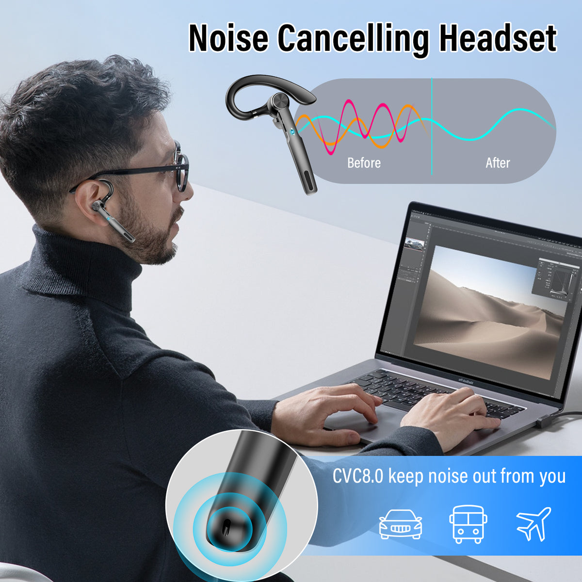 BTOOTOS Bluetooth Headset, Single-Ear Bluetooth Earpiece with ENC Mic with HiFi Stereo Sound, 72 Hours Talking Time Wireless Headset V5.3 with 400mAh Charging Case for iOS Android Cell Phones, Black