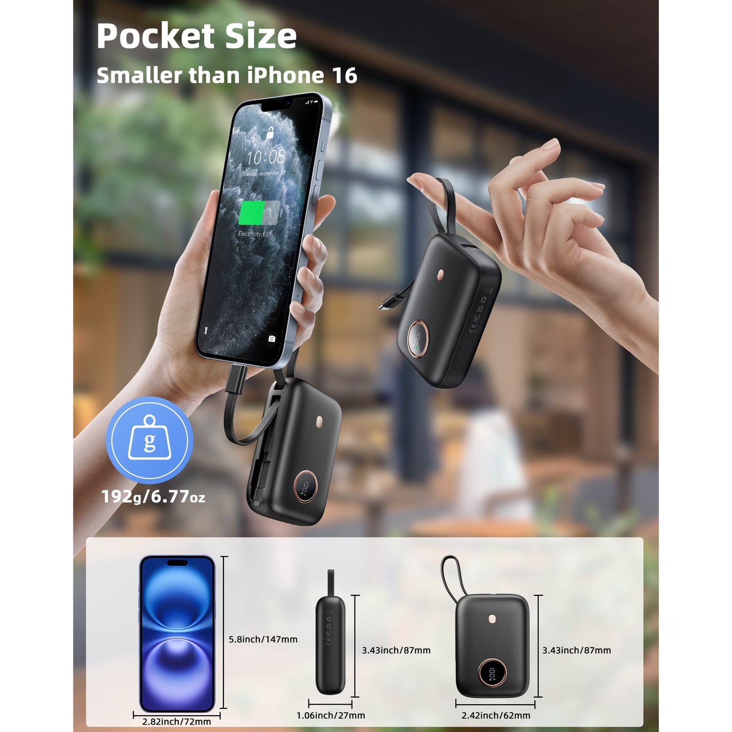 Btootos Power Bank, 10000mAh Mini Portable Charger 22.5W Fast Charging, Ultra Portable Powerbank with Integrated USB C Cable, External Batteries with 3 Output Ports for iPhone  Samsung Xiaomi Android iPad