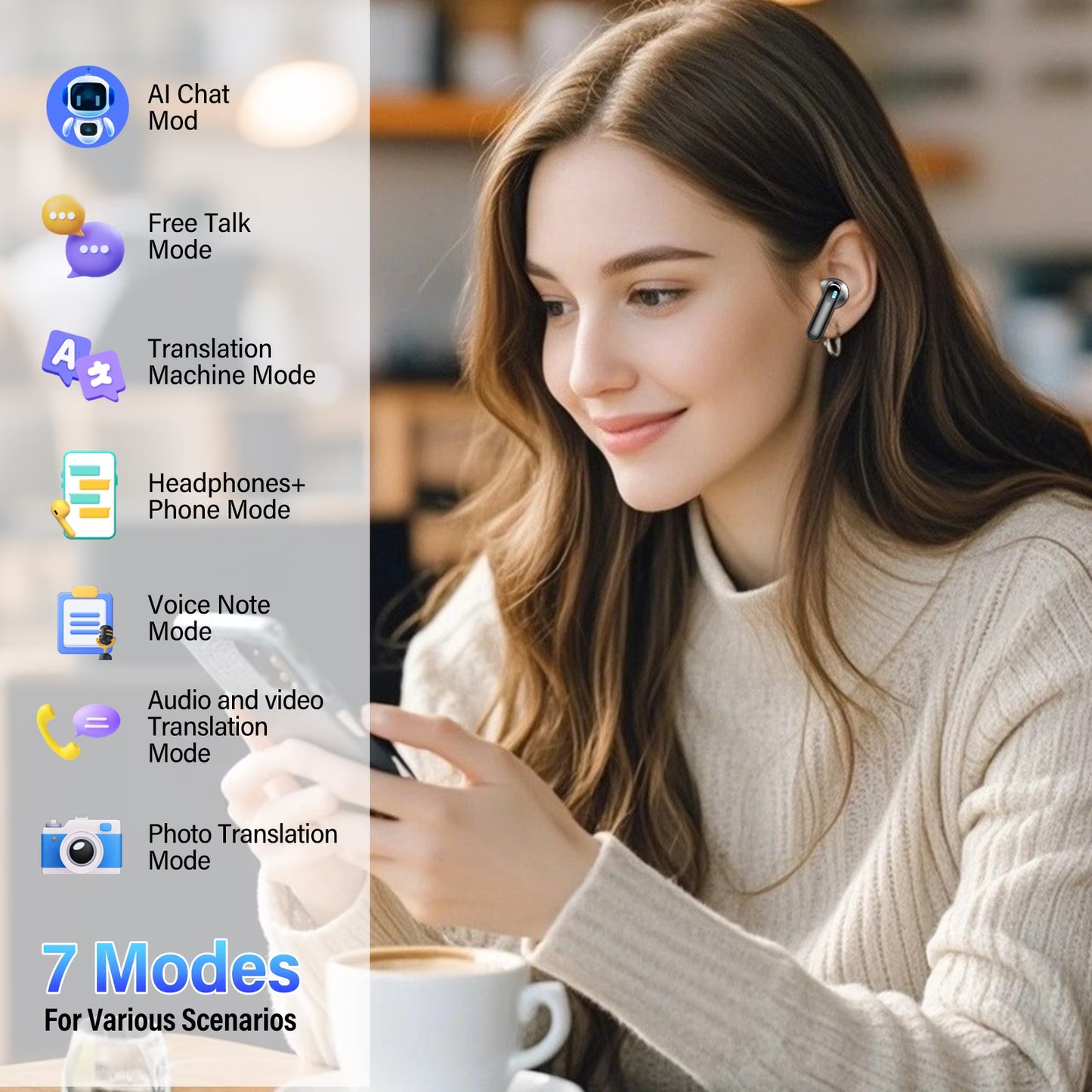Btootos AI Translation Earbuds Real Time,164 Language/7 Translation Modes Translator Earbuds with Audio and Video Calls,No Subscription,5 EQ Modes Touch Screen Translator Headphones,48H AI Ear Buds Translato