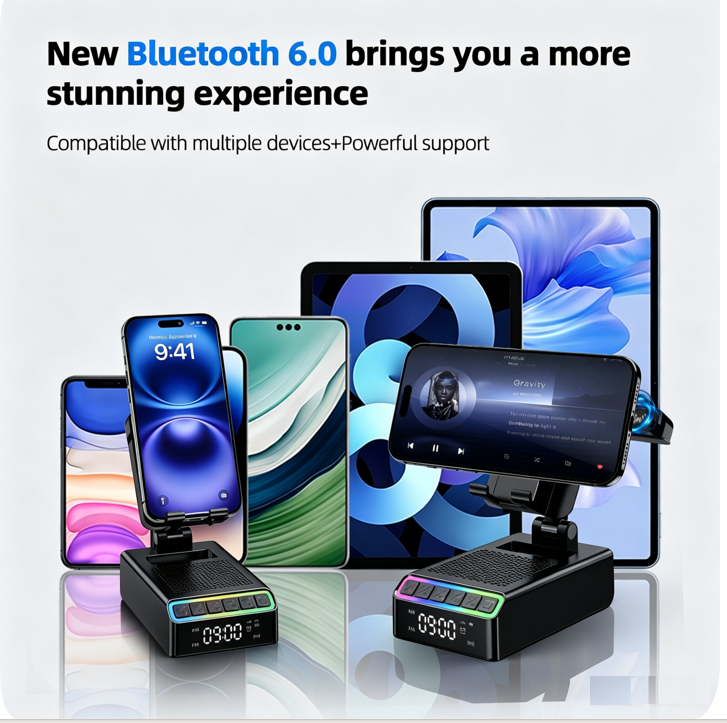 Geryst Wireless Induction Speaker/Phone Stand,9-in-1 Bluetooth 6.0 Speaker | (Landscape/Portrait)Induction,Stereo Sound,Adjustable Phone Holder,RGB/Alarm Clock,Home Office,Gifts for Men Women
