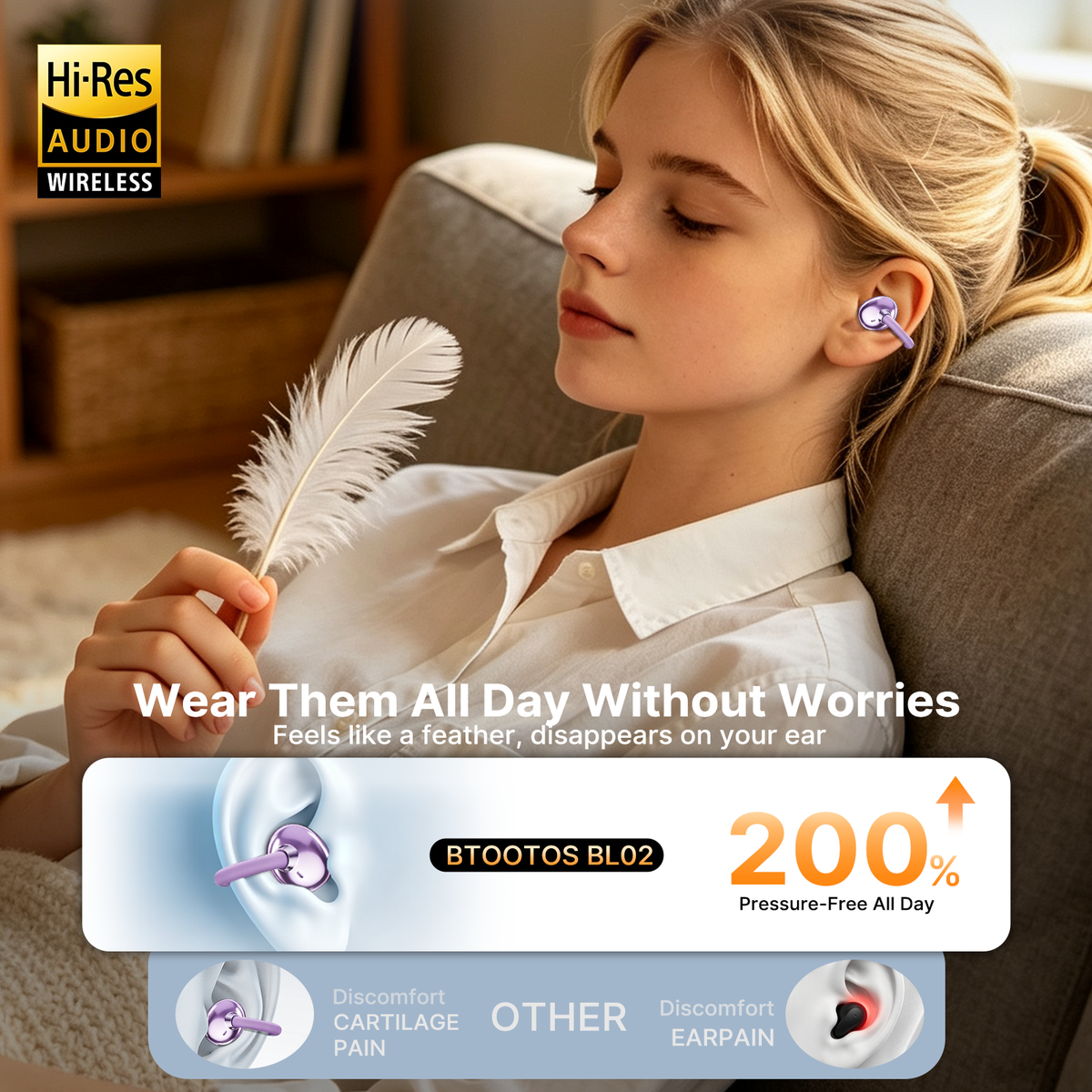 BTOOTOS Clip on Earbuds Bluetooth 5.4, Open Ear earbuds Wireless with Mic, Lightweight Comfort, Small-Ear Friendly Bluetooth Earbuds, 60H Sport Ear Buds, IP7 Waterproof Noise Cancelling Headphones, Purple