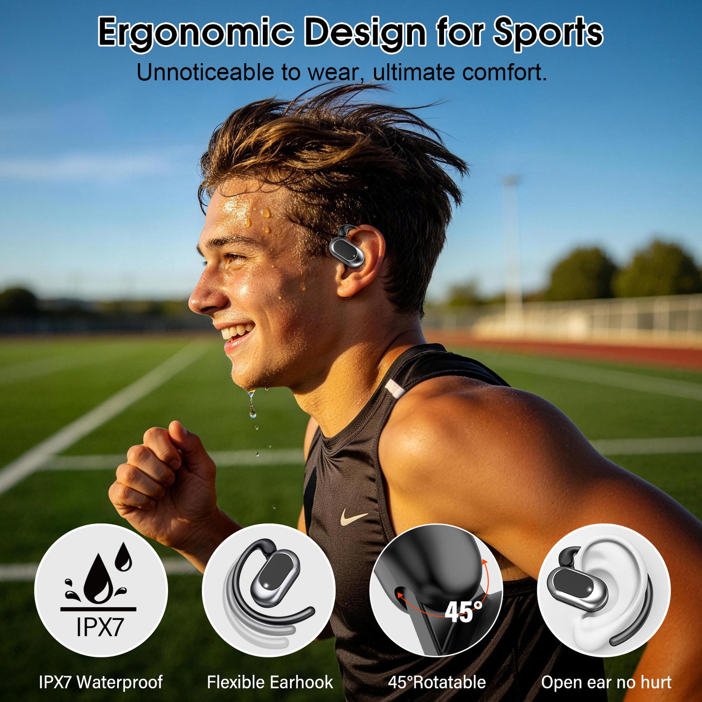 Btootos Open Ear Earbuds, Bluetooth 5.4 Headphones, Wireless Earbuds with Ear Hooks,70H HiFi Stereo Open Ear Headphones with Mic, IP7 Waterproof Lightweight Air Conduction Headphones for Workouts and Running