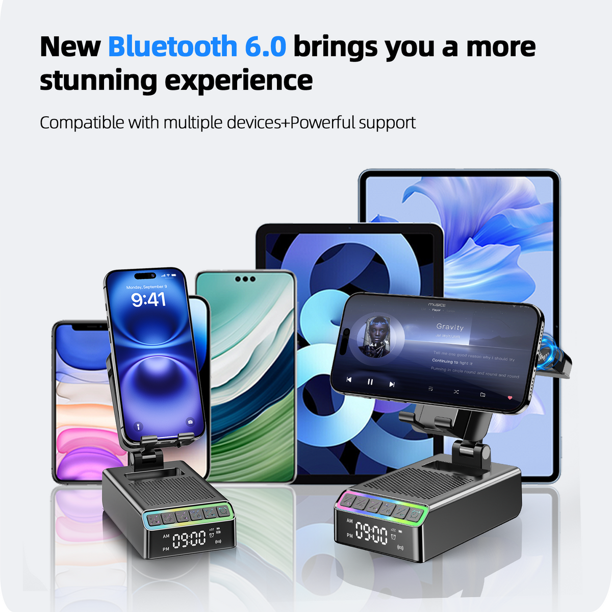 Geryst Wireless Induction Speaker/Phone Stand,9-in-1 Bluetooth 6.0 Speaker | (Landscape/Portrait)Induction,Stereo Sound,Adjustable Phone Holder,RGB/Alarm Clock,Home Office,Gifts for Men Women