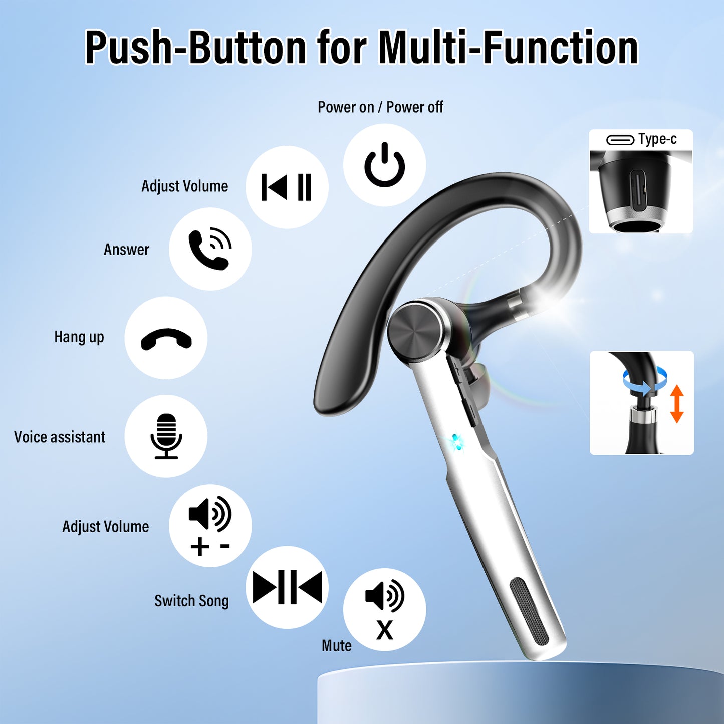 BTOOTOS Bluetooth Headset, Single-Ear Bluetooth Earpiece with ENC Mic with HiFi Stereo Sound, 72 Hours Talking Time Wireless Headset V5.3 with 400mAh Charging Case for iOS Android Cell Phones, White