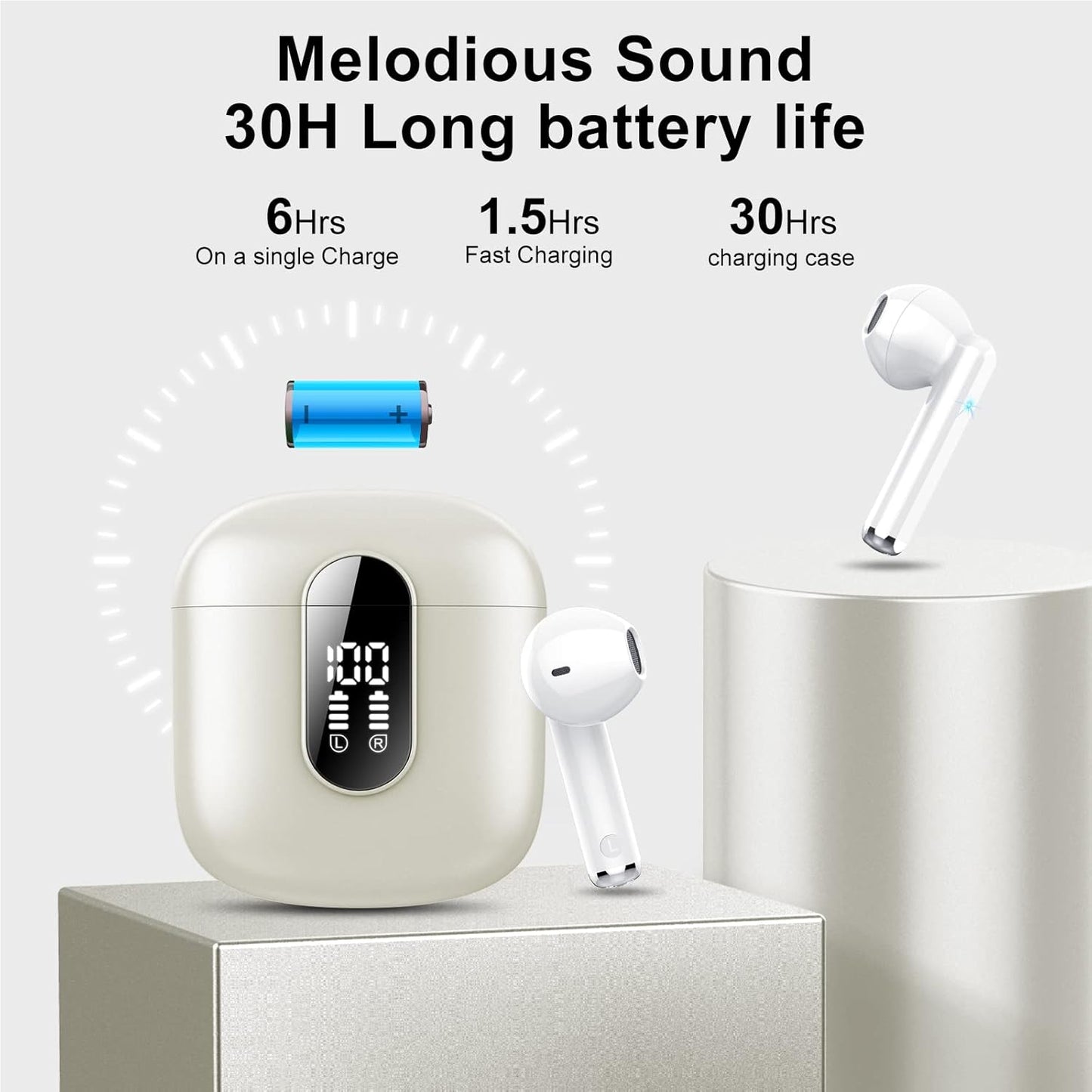 Wireless Headphones, Bluetooth 5.3 Wireless Earbuds with Dual LED Display Touch Control, HD Mic HiFi Stereo Sound Mini Ear Buds  with 30H Playtime, IPX7 Waterproof Bluetooth Earphones for IOS/Android