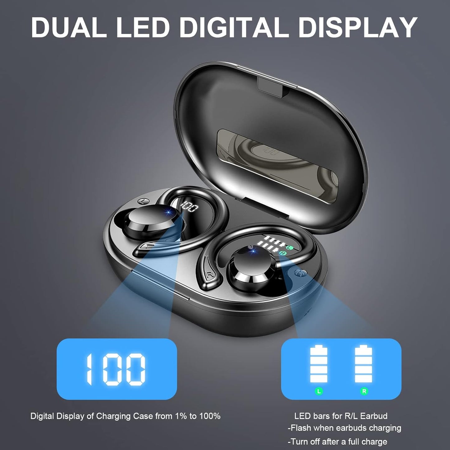 Mugo Wireless Earbud, Sport Bluetooth 5.3 Headphones with Earhooks Earphones in-Ear with Immersive Sound, IP7 Waterproof, Noise Cancelling, Dual LED Display, 48H Playtime, Running