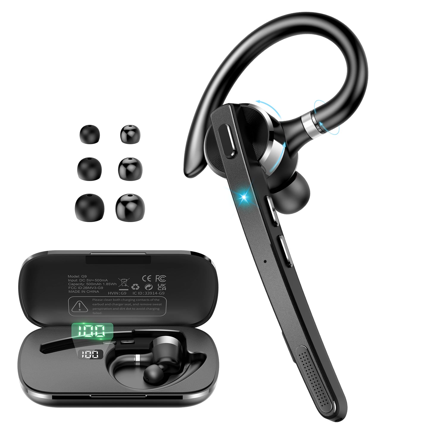 Btootos Bluetooth Headset, Single-Ear Bluetooth Earpiece with ENC Mic with HiFi Stereo Sound, 90 Hours Talking Time Wireless Headset V5.3 with 400mAh Charging Case for iOS Android Cell Phones, Black