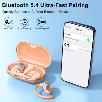 Geryst Open Ear Headphones, Open Ear Earbuds with Comfortable Earhook, 58H HiFi Stereo Bone Conduction Earbuds with Mic, Noise Cancelling,Bluetooth 5.4 Earphones, IP7 Waterproof Wireless Earbuds for Workout