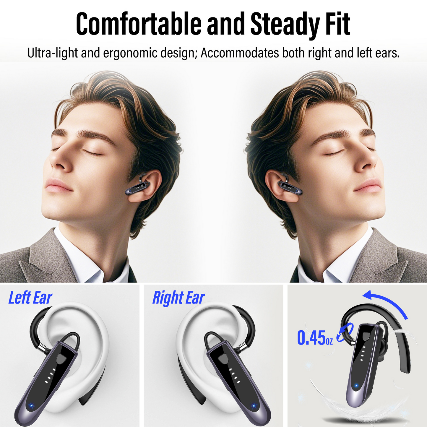 Bluetooth Headset V5.4, Single-Ear Wireless Earpiece with ENC Noise Canceling Mic, 20Hrs Call Time Handsfree Wireless Earbuds, 180 Hrs Standby Time Headphones for iOS Android /Office/Drivin