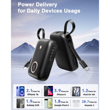 Btootos Power Bank, 10000mAh Mini Portable Charger 22.5W Fast Charging, Ultra Portable Powerbank with Integrated USB C Cable, External Batteries with 3 Output Ports for iPhone  Samsung Xiaomi Android iPad