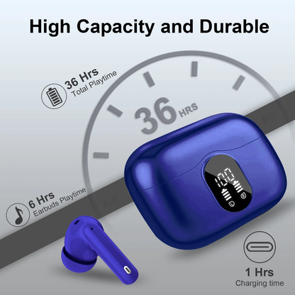 Btootos Wireless Earbuds, Bluetooth 5.4 Headphones Bass Stereo, Ear Buds with Noise Cancelling Mic, LED Display in Ear Earphones Clear Calls, IP7 Waterproof Bluetooth Earbuds for Laptop/Phones, Dark Blue