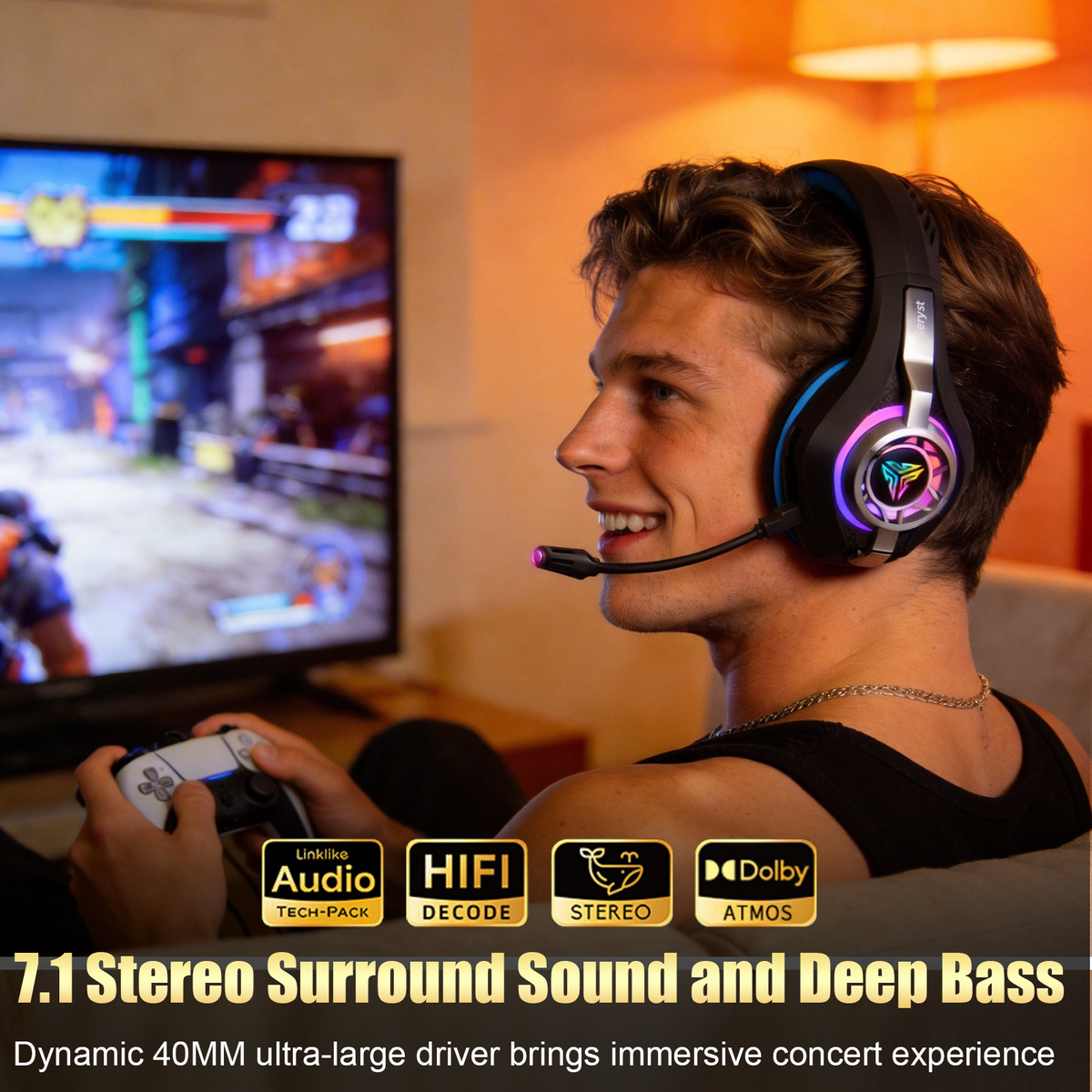 Geryst 2.4GHz Wireless Gaming Headset for PS4/PS5/Switch/PC, Bluetooth Over Ear Headphones with ENC Noise Cancelling Mic,7.1 Stereo Surround Sound, 40mm Drivers, RGB Light, 45H Battery Gaming Headphone