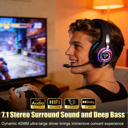 Geryst 2.4GHz Wireless Gaming Headset for PS4/PS5/Switch/PC, Bluetooth Over Ear Headphones with ENC Noise Cancelling Mic,7.1 Stereo Surround Sound, 40mm Drivers, RGB Light, 45H Battery Gaming Headphone