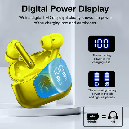 Btootos Wireless Earbuds, Bluetooth 5.4 Headphones Bass Stereo, Ear Buds with Noise Cancelling Mic, LED Display in Ear Earphones Clear Calls, IP7 Waterproof Bluetooth Earbuds for Laptop/Phones/Sports, Yellow