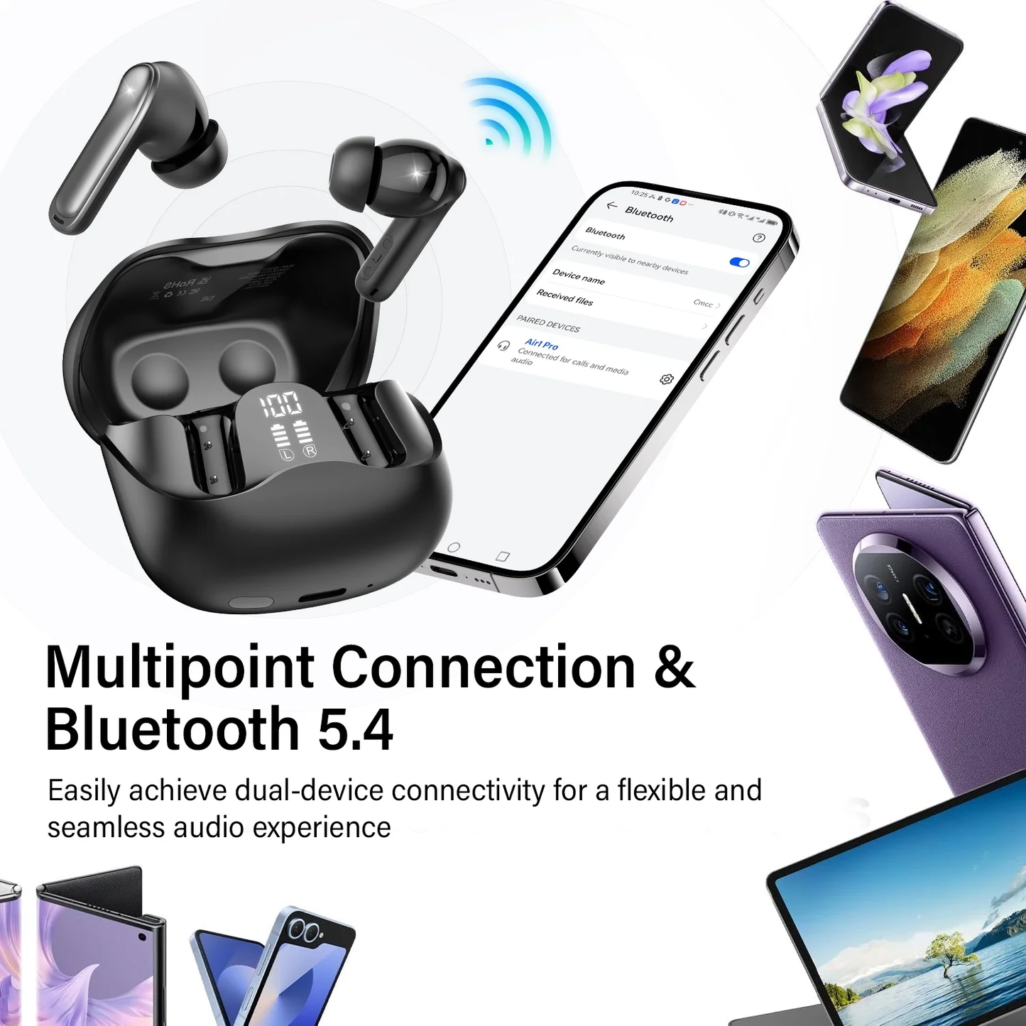 Wireless Earbuds Bluetooth 5.4 Headphone 48H Deep Bass LED Power Display Earphones with 4 Mic Clear Call Ear Buds Noise Cancelling IPX7 Waterproof in-Ear Earbuds for iPhone Android Black
