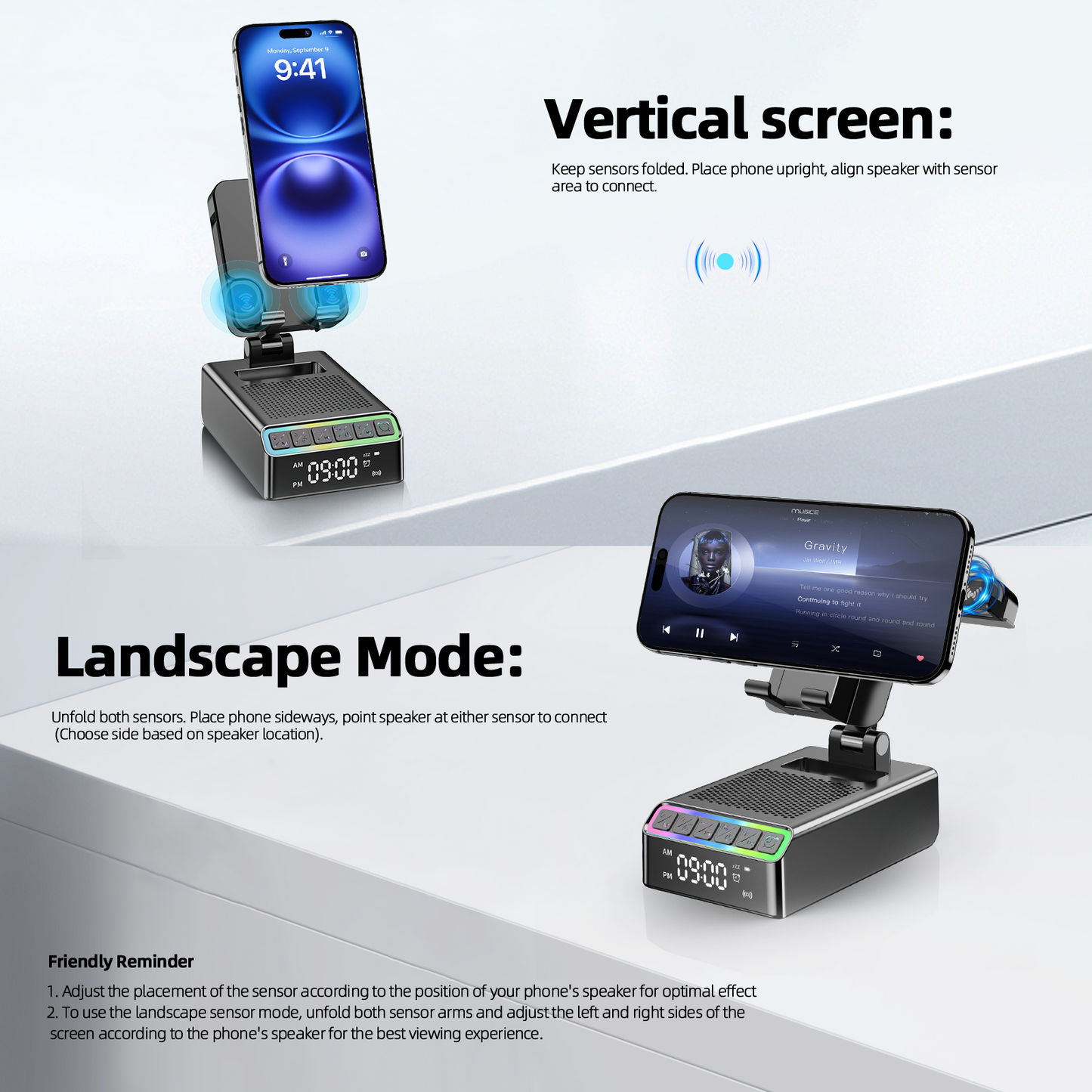 Wireless Induction Speaker/Phone Stand,9-in-1 Bluetooth 6.0 Speaker | (Landscape/Portrait)Induction,Stereo Sound,Adjustable Phone Holder,RGB/Alarm Clock,Home Office,Gifts for Men Women