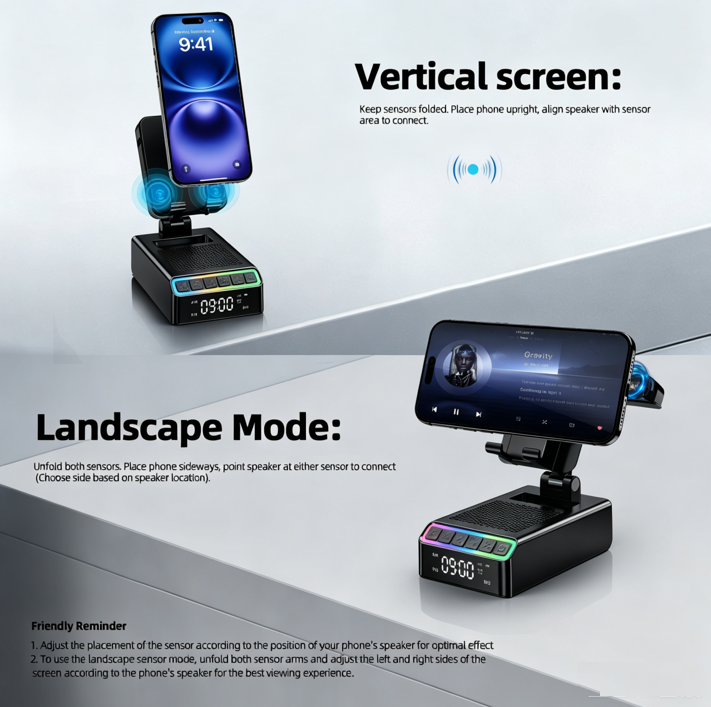 Geryst Wireless Induction Speaker/Phone Stand,9-in-1 Bluetooth 6.0 Speaker | (Landscape/Portrait)Induction,Stereo Sound,Adjustable Phone Holder,RGB/Alarm Clock,Home Office,Gifts for Men Women