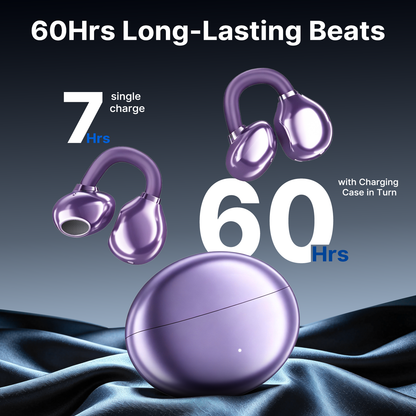 BTOOTOS Clip on Earbuds Bluetooth 5.4, Open Ear earbuds Wireless with Mic, Lightweight Comfort, Small-Ear Friendly Bluetooth Earbuds, 60H Sport Ear Buds, IP7 Waterproof Noise Cancelling Headphones, Purple