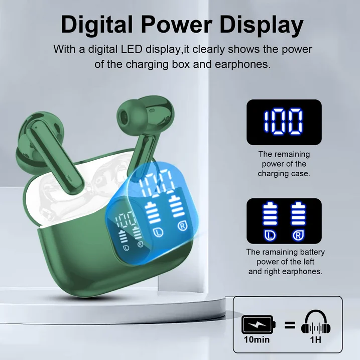 Btootos Wireless Earbuds, Bluetooth 5.4 Headphones Bass Stereo, Ear Buds with Noise Cancelling Mic, LED Display in Ear Earphones Clear Calls, IP7 Waterproof Bluetooth Earbuds for Laptop/Phones/Sports, Green