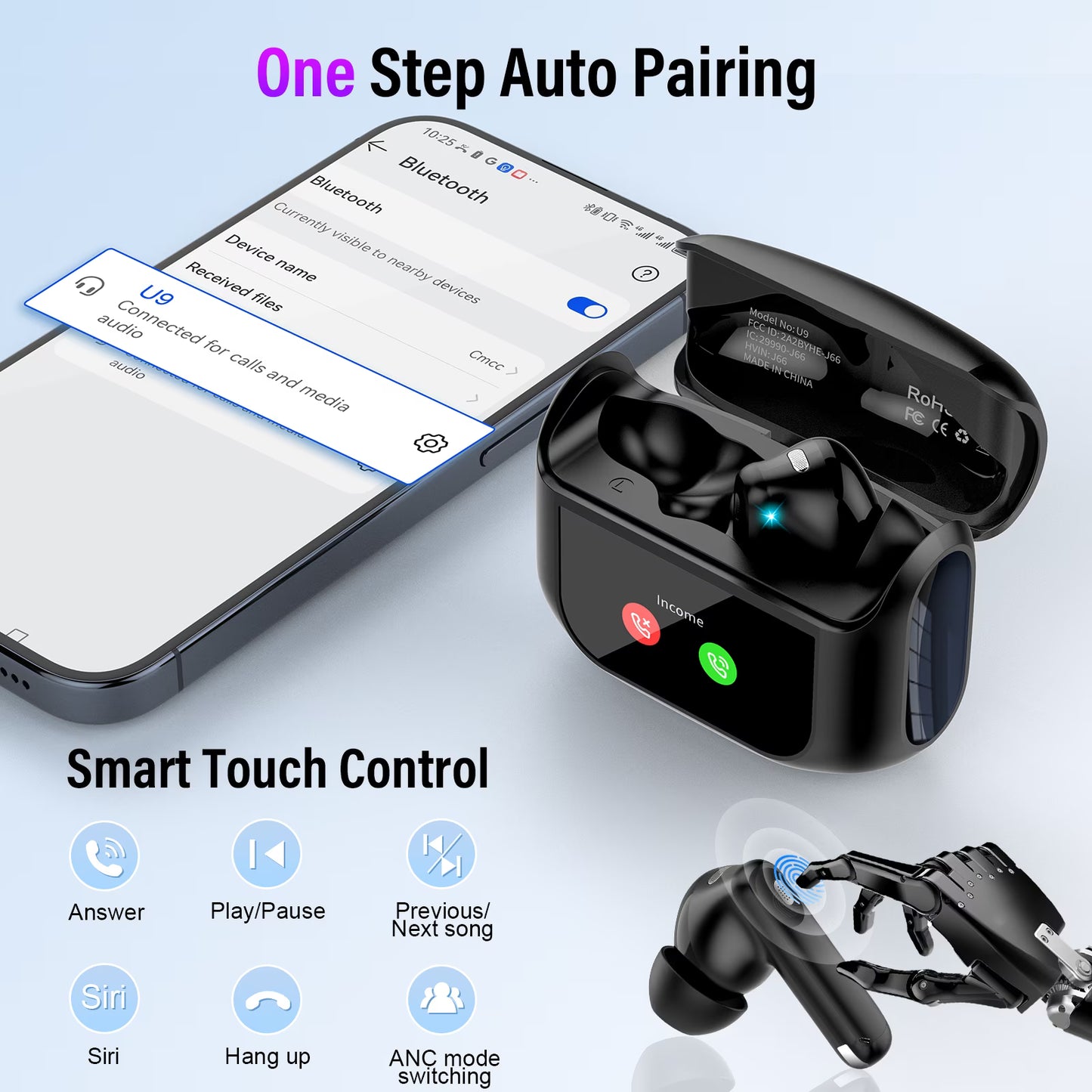 Btootos Touch Screen Wireless Earbuds, Headphones Bluetooth 5.4 Ear Buds with ANC and ENC Clear Calls, 48H Noise Cancelling Earbud, 14.2mm Deep Bass, 5 EQ Modes, IPX7 Waterproof Earphones, for iOS Android