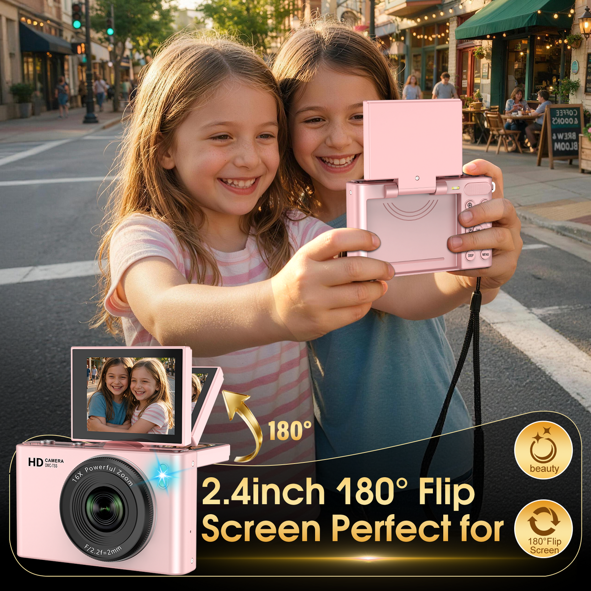 Geryst 4K 64MP Shoot Digital Camera for Kids, Teens, Beginners, Autofocus Point-and-Shoot Camera with 2.4" 180° Flip Screen, 16X Digital Zoom, Anti-Shake, Usb-c, Selfie Vlogging Camera for Travel,Gifts,Pink