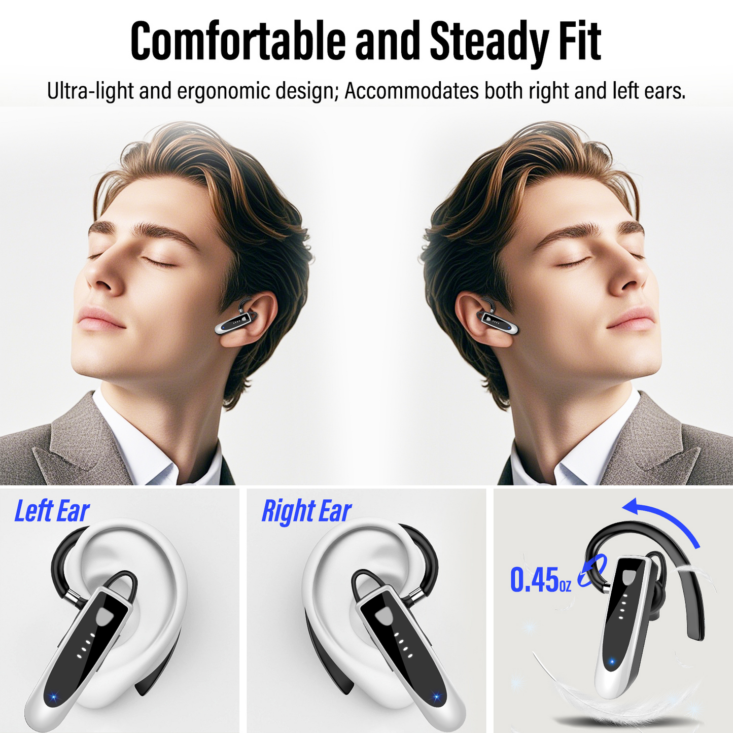 Bluetooth Headset V5.4, Single-Ear Wireless Earpiece with ENC Noise Canceling Mic, 20Hrs Call Time Handsfree Wireless Earbuds, 180 Hrs Standby Time Headphones for iOS Android /Office/Drivin