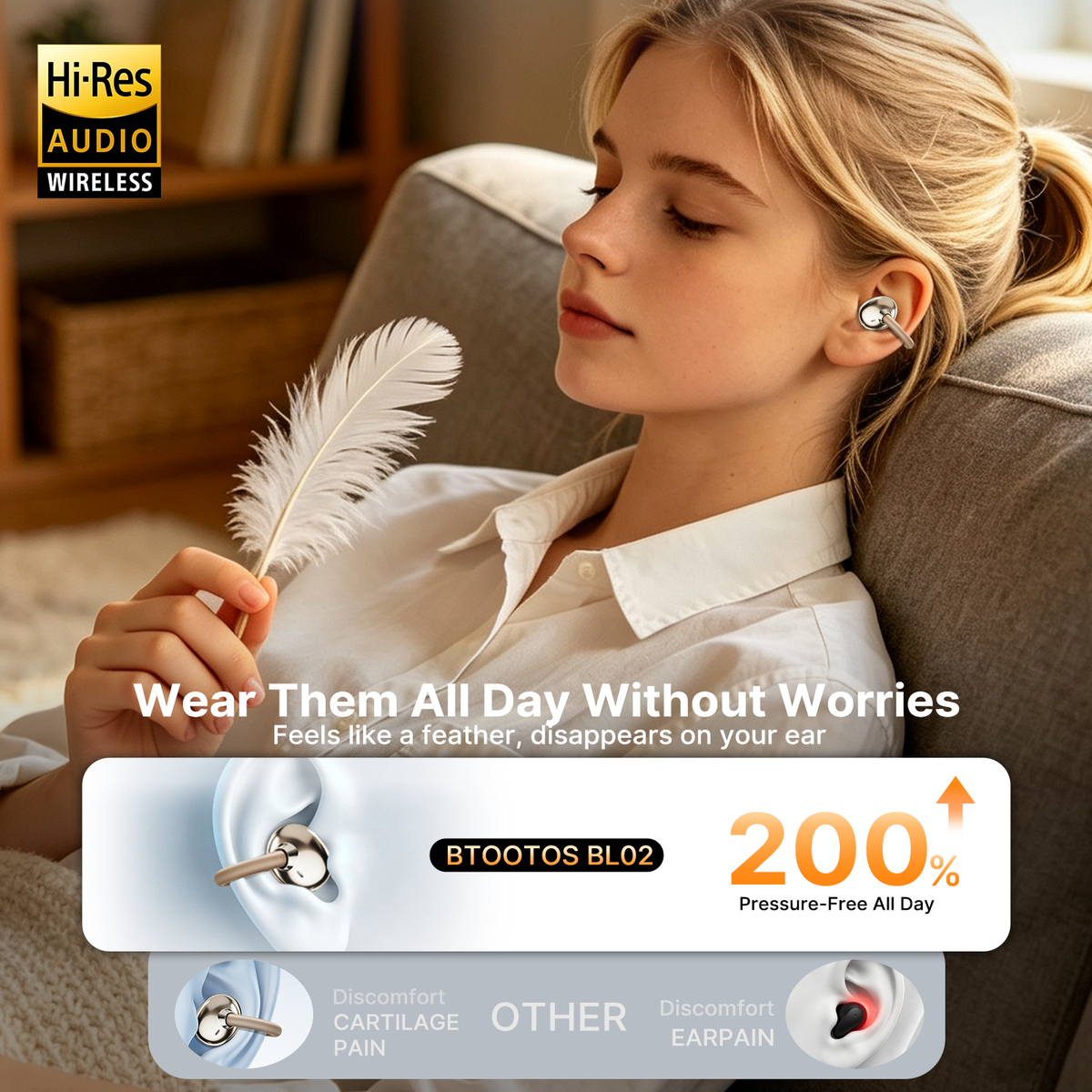 Btootos Clip on Earbuds Bluetooth 5.4, Open Ear earbuds Wireless with Mic, Lightweight Comfort, Small-Ear Friendly Bluetooth Earbuds, 60H Sport Ear Buds, IP7 Waterproof Noise Cancelling Headphones