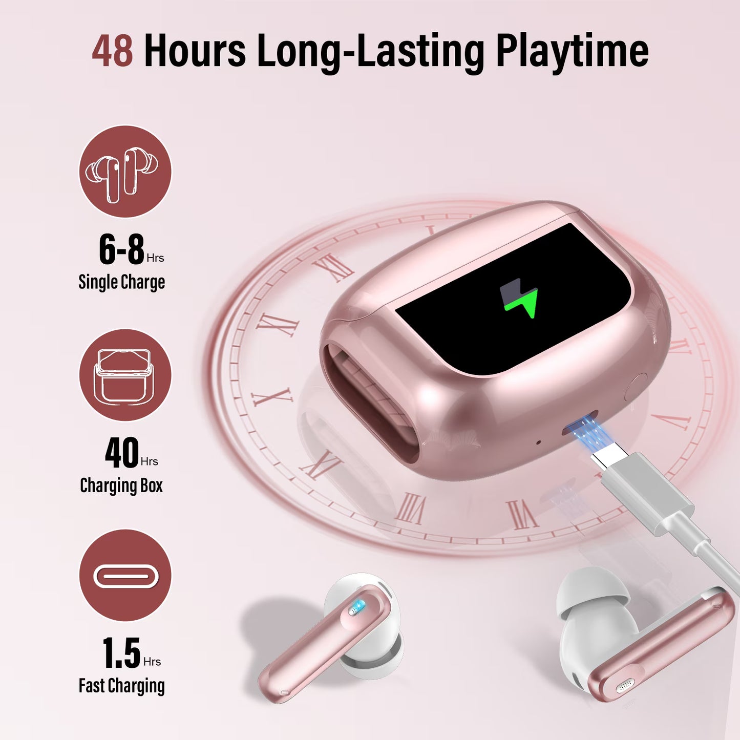 Btootos Wireless Earbuds Bluetooth 5.4 Headphones, Ear Buds with Touch Screen, ANC/ENC Noise Cancelling Earbud with 48H Stereo Deep Bass,Clear Calls, IPX7 Waterproof Earphones, 5 EQ for iOS Android,Rose Gold