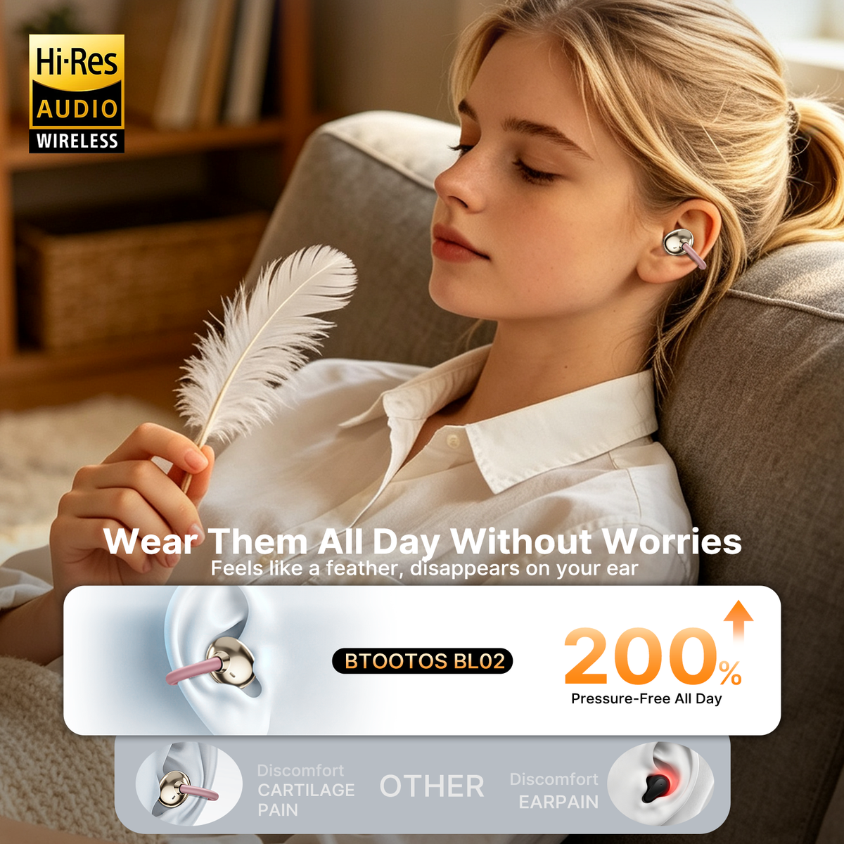 Btootos Clip on Earbuds Bluetooth 5.4, Open Ear earbuds Wireless with Mic, Lightweight Comfort, Small-Ear Friendly Bluetooth Earbuds, 60H Sport Ear Buds, IP7 Waterproof Noise Cancelling Headphones, Rose Gold