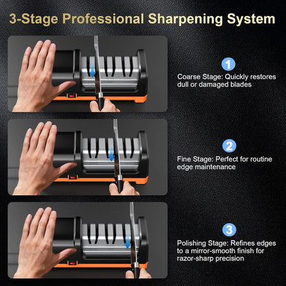 Knife Sharpener, Electric Knife Sharpener, Kitchen Knife Sharpener, Professional 3-Stage System with Diamond Abrasives and Angle Guide for Chef, Santoku, Cleaver, Bread and Ceramic Knives