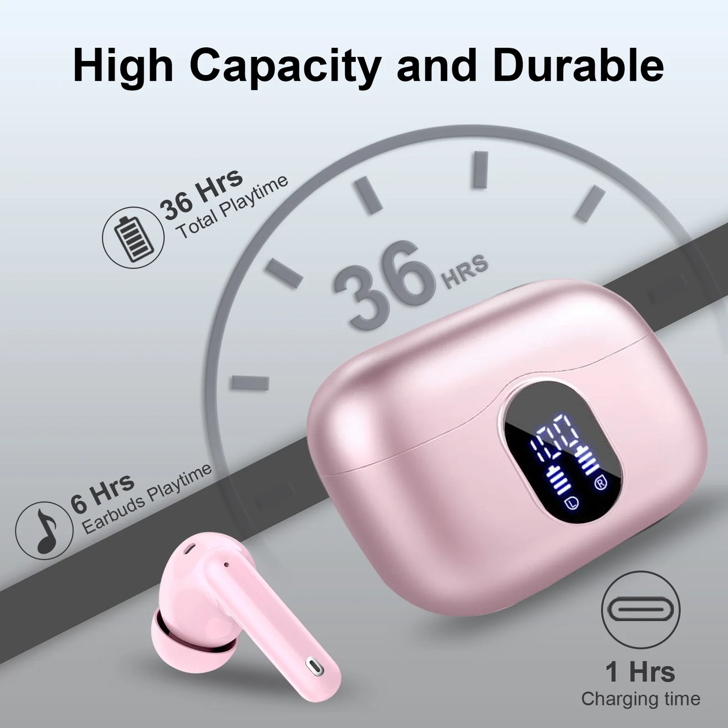 Btootos Wireless Earbuds, Bluetooth 5.4 Headphones Bass Stereo, Ear Buds with Noise Cancelling Mic, LED Display in Ear Earphones Clear Calls, IP7 Waterproof Bluetooth Earbuds for Laptop/Phones/Sports, Pink