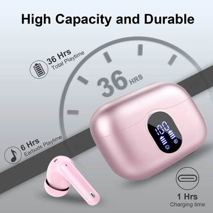 Btootos Wireless Earbuds, Bluetooth 5.4 Headphones Bass Stereo, Ear Buds with Noise Cancelling Mic, LED Display in Ear Earphones Clear Calls, IP7 Waterproof Bluetooth Earbuds for Laptop/Phones/Sports, Pink