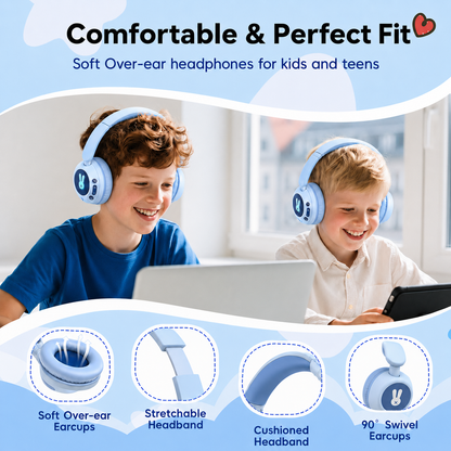 Kids Bluetooth Headphones with Microphone, 3 Safe Volume Modes 74/84/95dB, 48H Battery LED Light Up Foldable Over-Ear Wireless Headset with Audio Cable for Online Learning & Travel