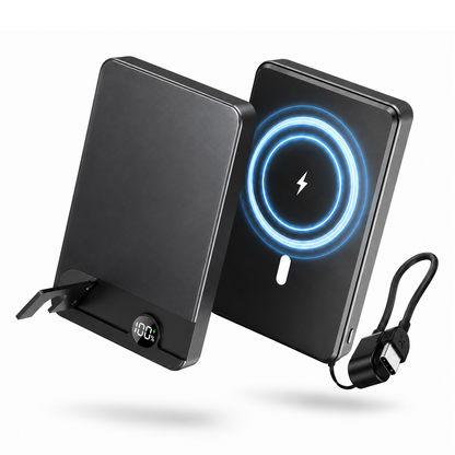 Btootos Magnetic Power Bank 10000mAh, 20W Fast Charging Wireless Power Bank, Portable Charger With a folding stand and Portable Fast-Charging Cable, Compatible with iPhone 17/16/15 Series, Samsung, Android