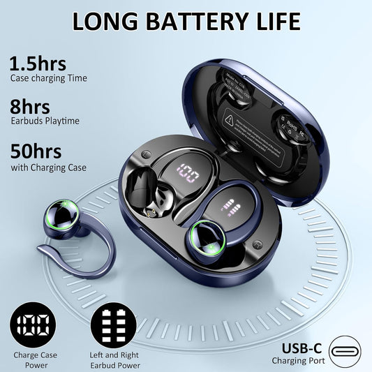 Wireless Earbuds, Bluetooth 5.4 Sports Headphones, 50H Playback Over Ear Earbuds with ENC Noise Cancelling Mic, Deep Bass Fitness Earphones Gym Running Workout with Earhooks, IP7 Waterproof Headset