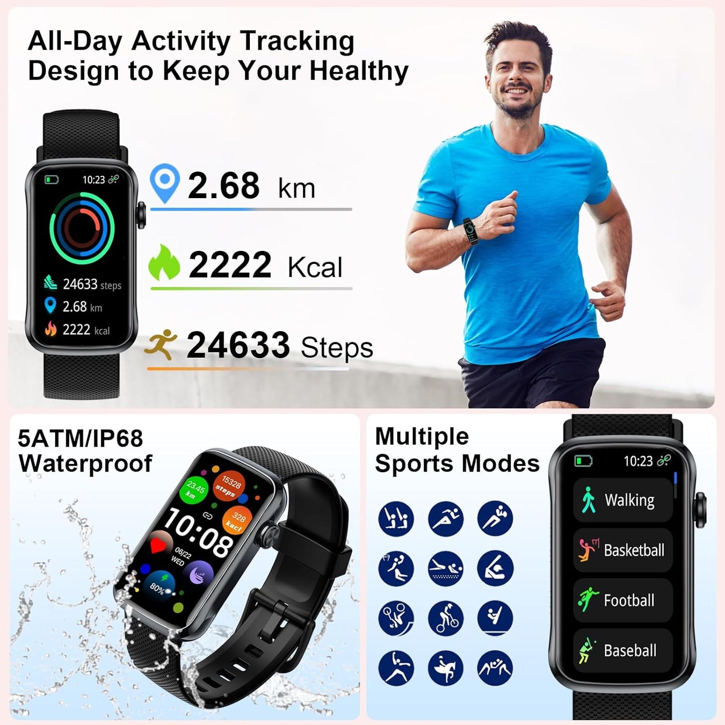 Smart Watch for Men Women, 1.47" Fitness Activity Tracker with 24 Sport Modes, Step Tracker, Pedometer, IP68 Waterproof Smartwatch(Message Reminder) for Android and iPhone