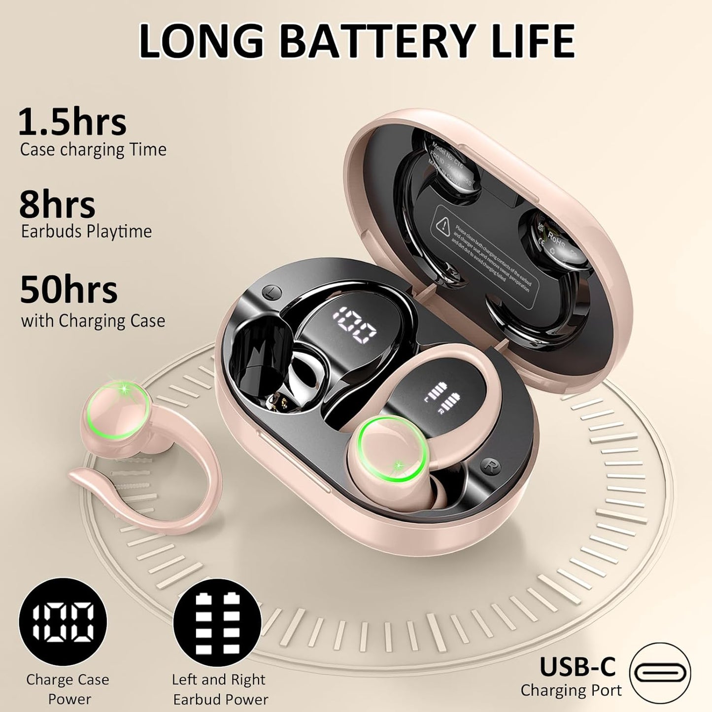 Wireless Earbuds, Bluetooth 5.4 Sports Headphones, 50H Playback Over Ear Earbuds with ENC Noise Cancelling Mic, Deep Bass Fitness Earphones Gym Running Workout with Earhooks, IP7 Waterproof Headset