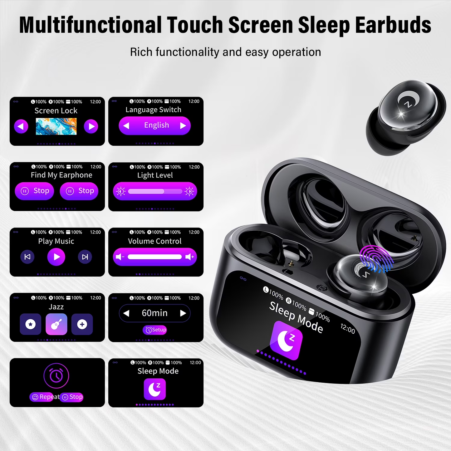 Btootos Sleep Earbuds Bluetooth 5.4 in Ear Smart Touch Screen Headphones, 48H Noise Cancelling Ear Buds with 5 EQ Modes, Mini Wireless Headphones Small Design for Side Sleepers, Clear Calls Earphones, IPX7