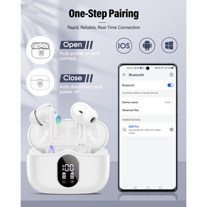 Btootos Wireless Earbuds, Bluetooth 5.4 Headphones Bass Stereo, Ear Buds with Noise Cancelling Mic, LED Display in Ear Earphones Clear Calls, IP7 Waterproof Bluetooth Earbuds for Phones/Sports/Laptop, White