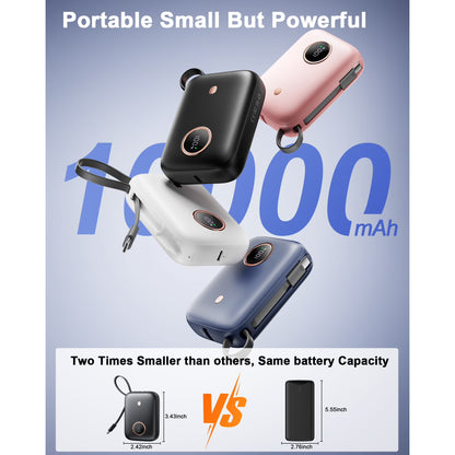 Btootos Power Bank, 10000mAh Mini Portable Charger 22.5W Fast Charging, Ultra Portable Powerbank with Integrated USB C Cable, External Batteries with 3 Output Ports for iPhone  Samsung Xiaomi Android iPad