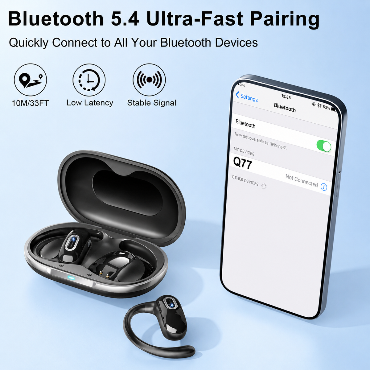 Geryst Open Ear Headphones, Open Earbuds with Comfortable Earhook, 58H Hifi Stereo Bone Conduction Earbuds with Mic, Noise Cancelling, Bluetooth 5.4 Earphones, IP7 Waterproof Wireless Earbuds for Running